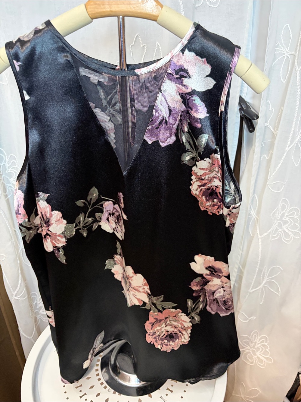 Maurices Black Floral Satin Tank Top